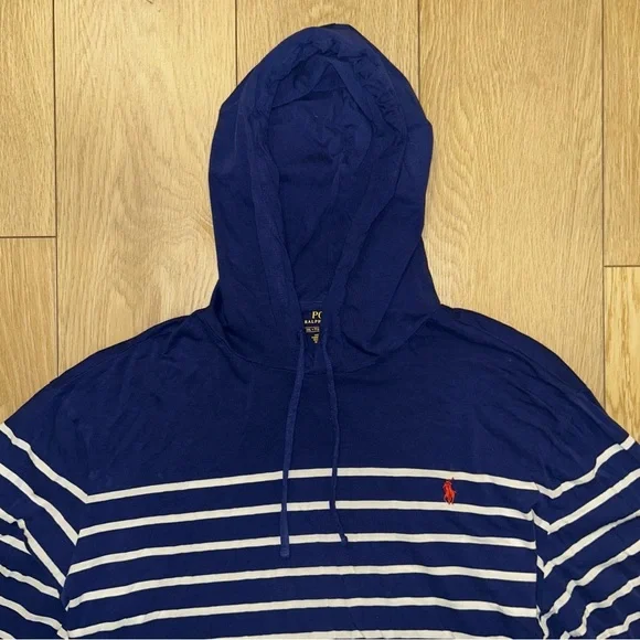Polo Ralph Lauren Men's XXL Navy Blue & White Striped Hooded Lightweight Jersey - Picture 3 of 8